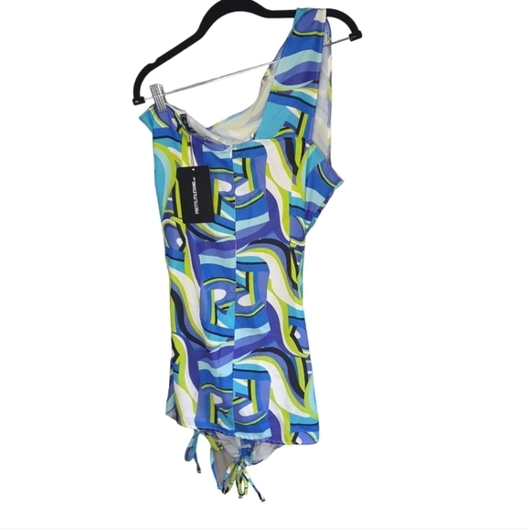 PLT Woven One Shoulder‎ Ruched Bodycon Dress Blue abstract Women's Size 8 Rave - Picture 10 of 14